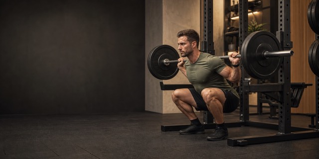 A lifter at the bottom of a barbell back squat